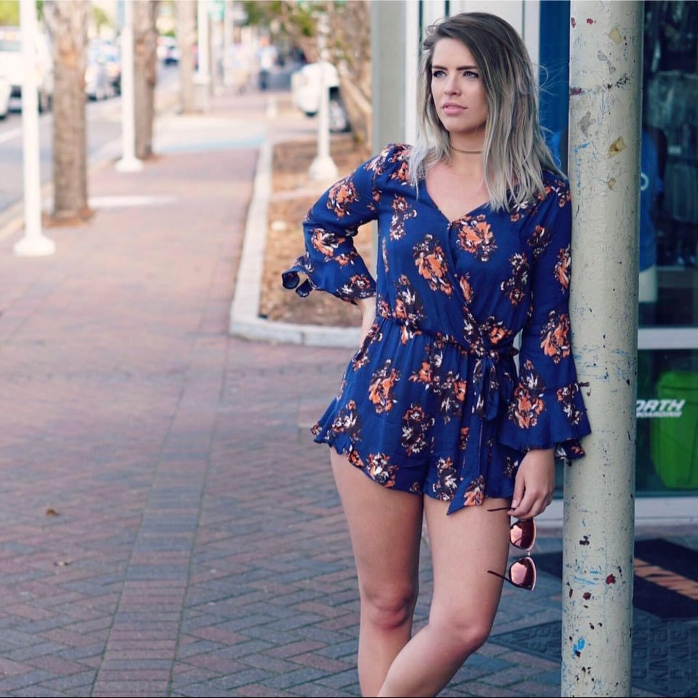 Blue and orange floral romper